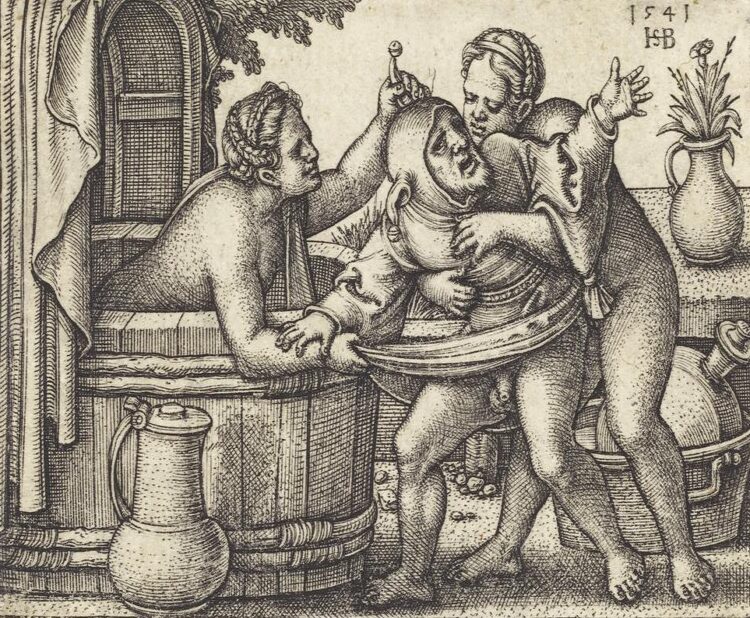 Hans Sebald Beham, Fou et deux femmes au bain, 1541. Gravure au burin sur papier, 4,7 x 7,1 cm. Washington, National Gallery of Art