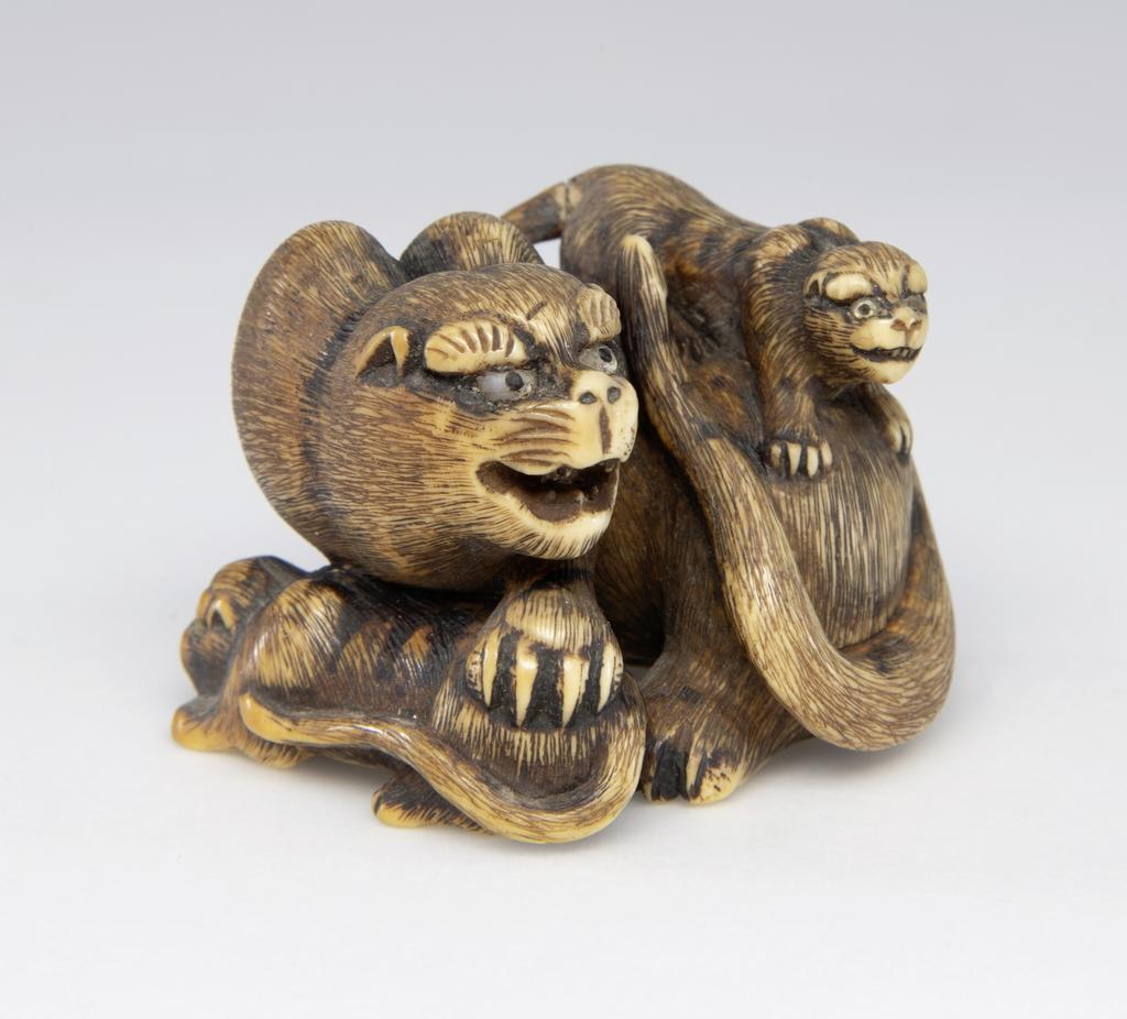 Netsuke : tigresse et ses petits, Japon – Signé Hakuryu, Époque d’Edo (1603-1868), milieu XIXe siècle. Ivoire. Photo service de presse