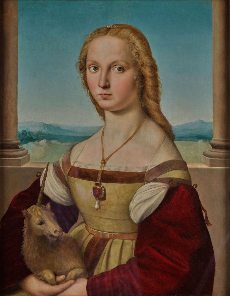 Raffaello Sanzio, dit Raphaël (1483-1520), La Dame à la licorne, vers 1506. Huile sur toile marouflée sur bois, 67 x 56 cm.