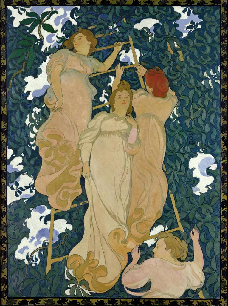 Maurice Denis (et Marthe Meurier  – 1871-1919 – pour le cadre), Arabesques poétiques pour la décoration d’un plafond, dit L’Échelle dans le feuillage, 1892. Huile sur toile collée sur carton. Saint-Germain-en-Laye, musée départemental Maurice-Denis. 