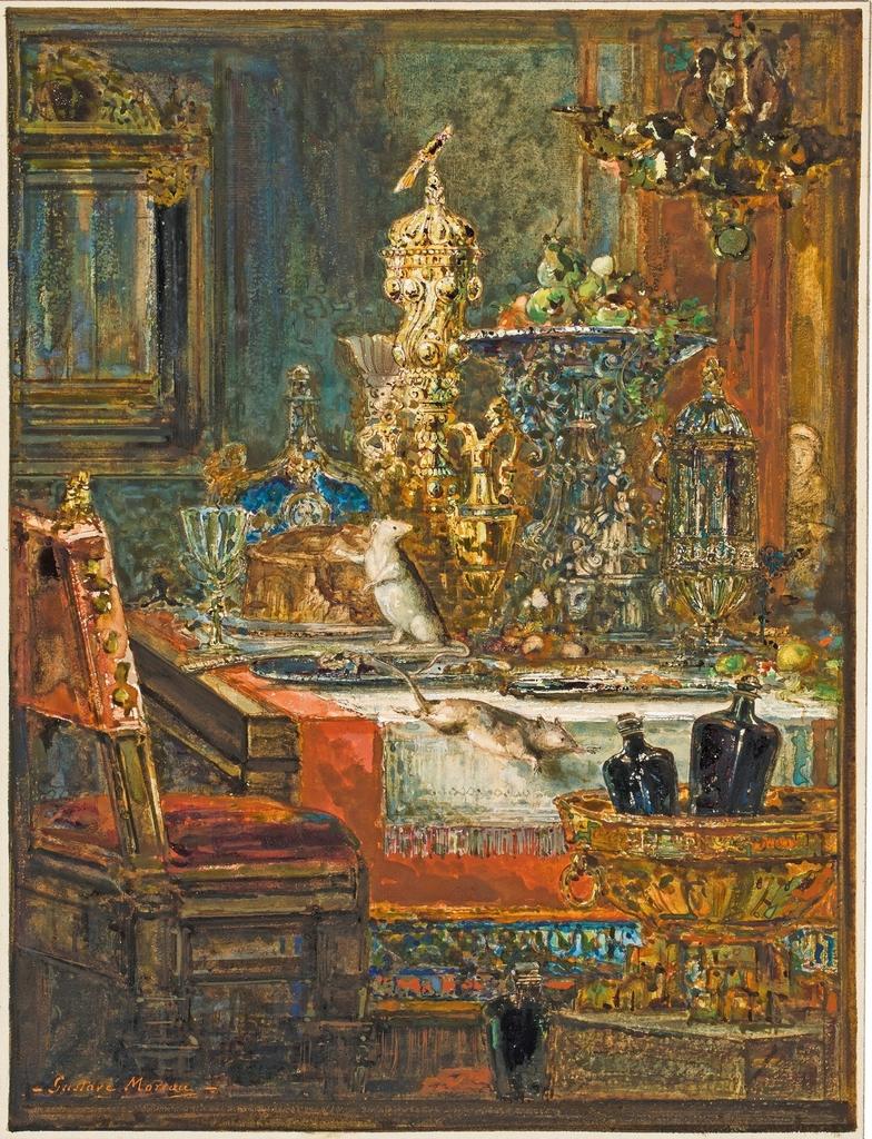 Le Paon se plaignant à Junon, 1882, sanguine (papier report ?), plume et encre brune, aquarelle, gouache, Paris, musée Gustave Moreau.