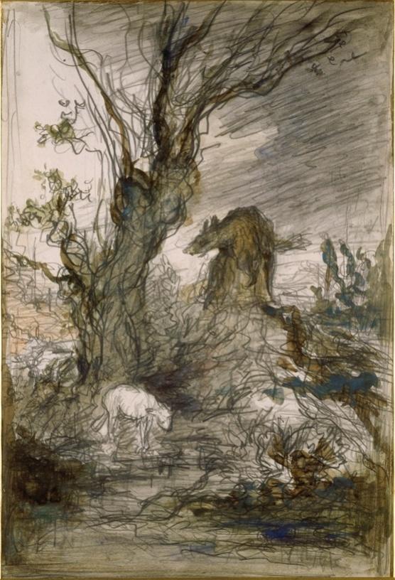 Le Loup et l’Agneau, 1882, graphite, gouache, aquarelle, 28,5 x 19,5 cm, Paris, musée Gustave Moreau.