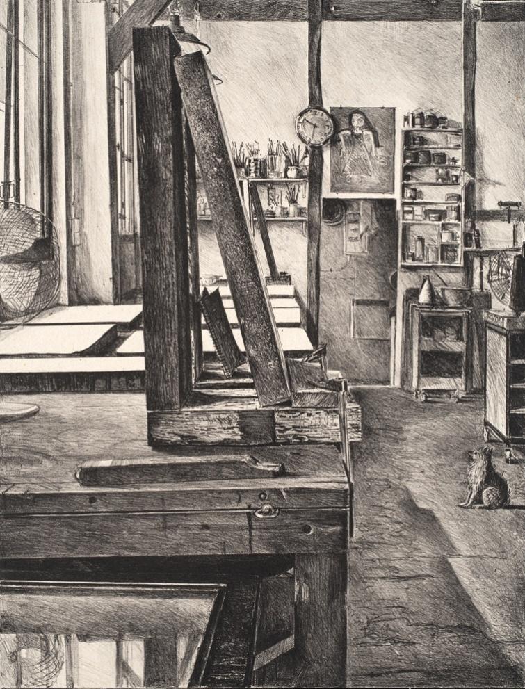 Simon Vignaud, L’Atelier Champfleury, lithographie sur Canson gris, 62 x 46,7 cm, publiée dans S i x + 2 LIT HOG RAP HIE S, À Jacques de Champfleury, deux tomes, À Fleur de Pierre, 2011.