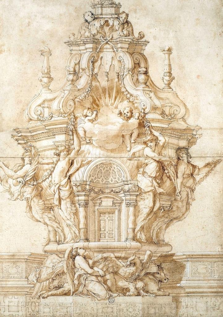 Pierre Puget (1620-1694), Projet de tabernacle avec quatre chérubins, les symboles des évangélistes et un couronnement de volutes (pour une église de Gênes). Plume et encre noire, lavis brun, rehauts de gouache blanche sur pierre noire et incisions, sur papier blanc, 57,5 x 41,2 cm. Montpellier, musée Atger.