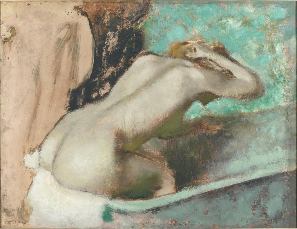 Edgar Degas (1834-1917), Femme assise sur le bord d’une baignoire et s’épongeant le cou, 1880-1895. Peinture à l’huile et à l’essence sur papier marouflé sur toile, 52,2 x 67,5 cm.