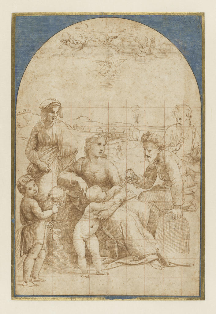 Raffaelo Sanzio dit Raphaël (1483-1520), Étude pour la Sainte Famille à la grenade (dite Sainte Famille Alfani), vers 1507-1508. Pointe de plomb, plume et encre brune, mise au carreau à la pointe de plomb et à la sanguine, 36,9 x 24,8 cm. Lille, palais des Beaux-Arts.