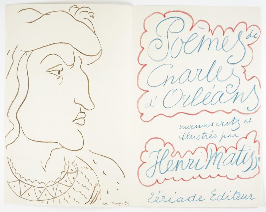 Henri Matisse (1869-1954), Poèmes de Charles d’Orléans. Frontispice et page titre, 1950. Lithographie sur vélin d’Arches, 41,6 x 54,6 cm. Le Cateau-Cambresis, musée départemental Matisse.