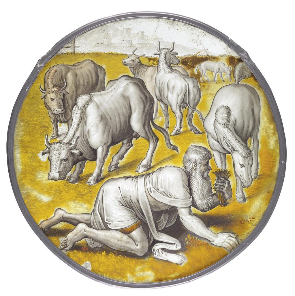 Anonyme anversois (d’après la gravure de Hans I Liefrinck, d’après le dessin de Lambert van Noort), Nabuchodonosor mange de l’herbe parmi les vaches, vers 1560. Vitrail, grisaille et jaune d’argent, diam. 25,3 cm. Amsterdam, Rijksmuseum.