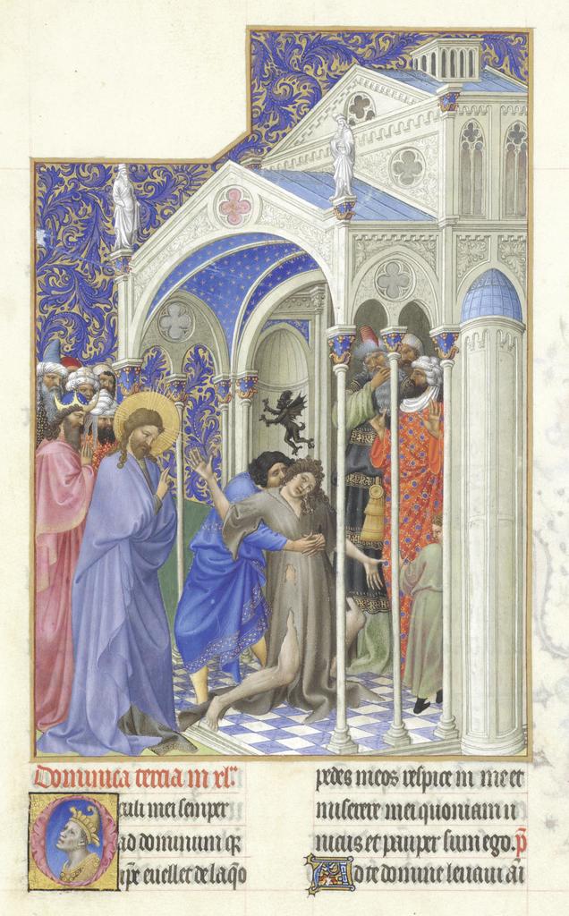 Frères de Limbourg (lettrine d’un autre artiste), La guérison d’un possédé par le Christ, Les Très Riches Heures du duc de Berry, 1411-16. Enluminure sur parchemin, 29 x 21 cm. Chantilly, musée Condé, Ms 65, f. 166r.