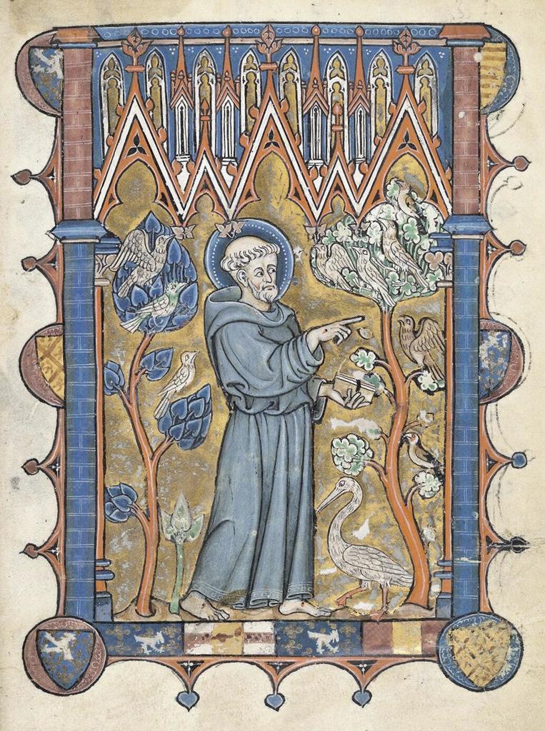 Saint François prêchant aux oiseaux, Psautier-livre d’heures, Amiens, fin du XIIIe siècle. Enluminure sur parchemin, 18,2 x 13,4 cm. New York, The Morgan Library & Museum, MS M.729, f. 2r.