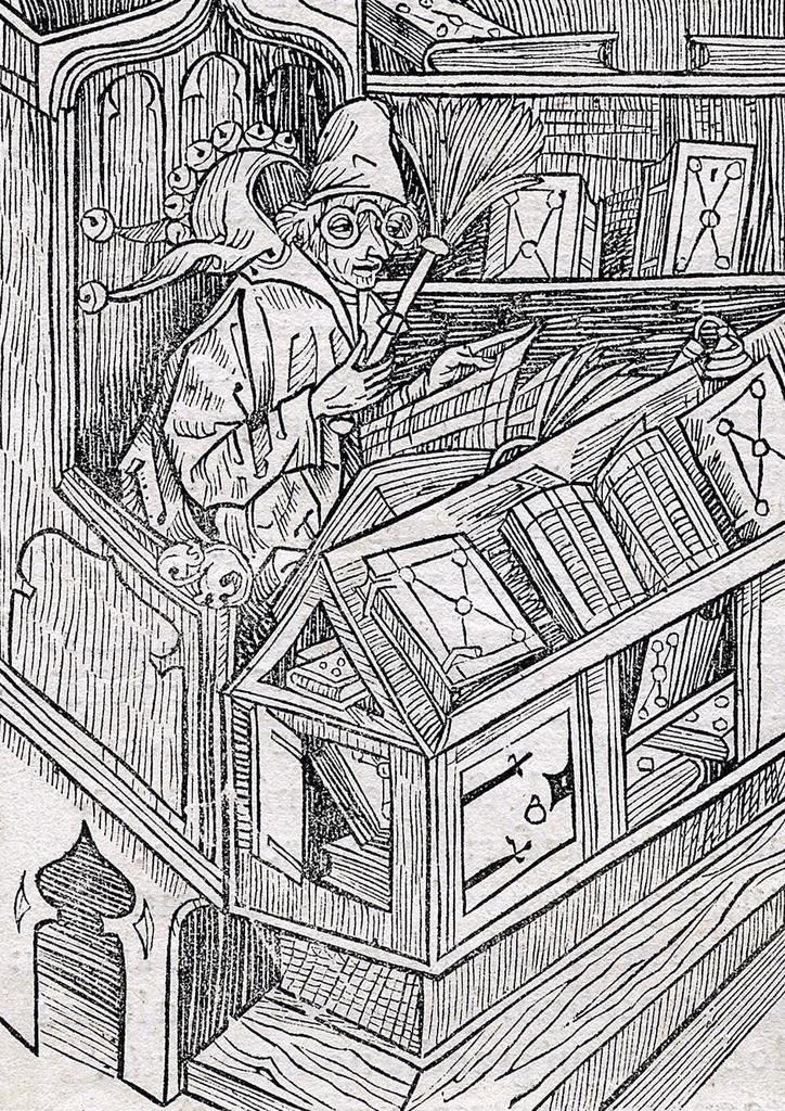 Maître du fou Haintz, Bâle, Johann Bergmann von Olpe, planche découpée du chapitre 1, « De inutilibus libris » (« De l’inutilité des livres »), de Stultifera navis (La Nef des fous) de Sebastian Brant, 1497. Xylographie sur papier, 11,8 × 13,5 cm. Bâle, Musée historique de Bâle.