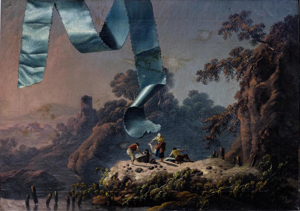 Jean Pillement, Trompe-l’œil avec ruban turquoise devant le paysage de la campagne portugaise, vers 1790. Huile sur toile, 37,5 x 54 cmParis, collection Farida et Henri Seydoux.