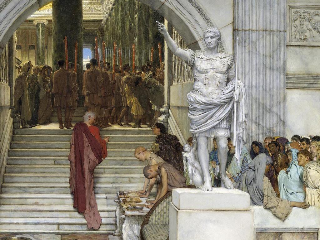 Sir Lawrence Alma Tadema, Après l’audience [After the Audience], signé, numéroté 196 (en chiffres romains) (détail). Huile sur panneau, 91,4 × 66,2 cm. Londres, The National Gallery.