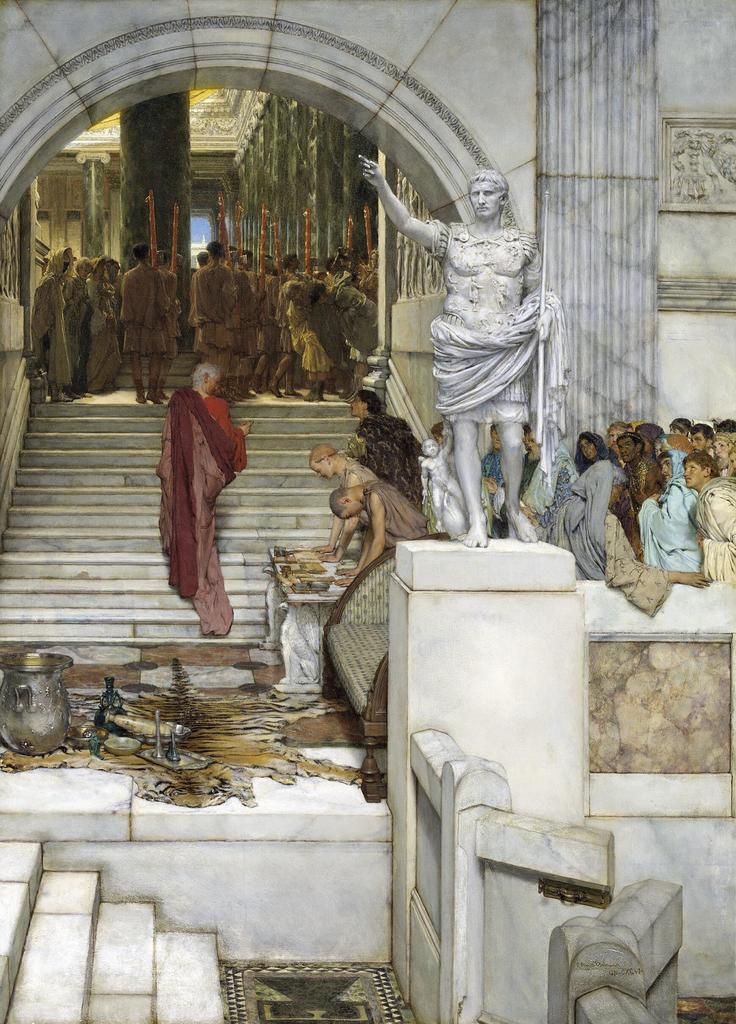 Sir Lawrence Alma Tadema, Après l’audience [After the Audience], signé, numéroté 196 (en chiffres romains). Huile sur panneau, 91,4 × 66,2 cm. Londres, The National Gallery. 