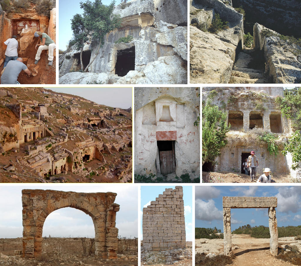 Vues des travaux en cours : (en haut) les sanctuaires extra-urbains de Dionysos (à gauche), de Baggara (au milieu et à droite) ; (au milieu) la nécropole monumentale rupestre ; (en bas) les villages de Gabu Younus (à gauche), Mtaugat (au milieu) et Tochara (à droite). 