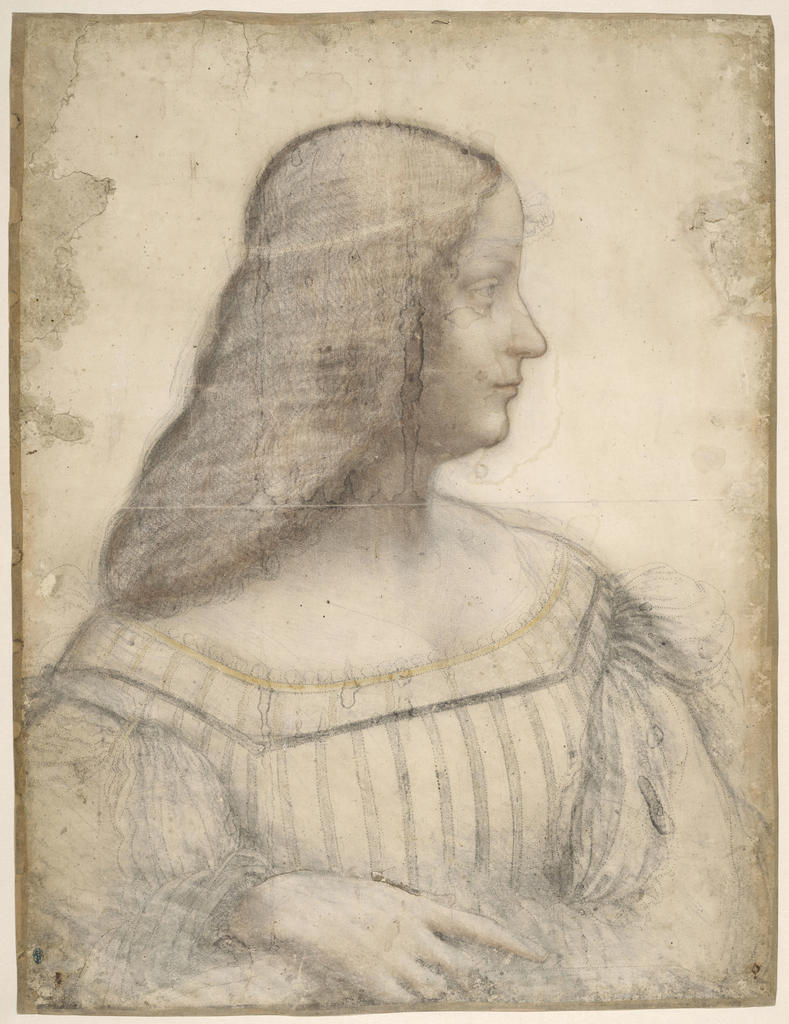 Léonard de Vinci (1452-1519), Portrait d’Isabelle d’Este, vers 1499-1500. Pointe métallique, charbon de bois, sanguine et estompe, craie ocre jaune, rehauts de blanc sur le visage, la gorge et la main, 61 x 46,5 cm. Paris, département des Arts graphiques du musée du Louvre.