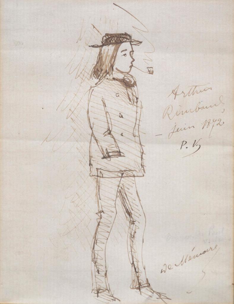 Paul Verlaine (1844-1896), Portrait d’Arthur Rimbaud, juin 1872. Dessin à la plume et encre brune sur papier, titré, daté, et monogrammé « P.V. », 12,7 x 9,9 cm. Vente Tessier & Sarrou, 2 décembre 2024. Estimé : 100 000/200 000 €. Adjugé 585 000 € (frais inclus).