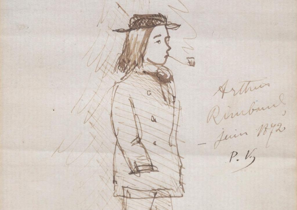 Paul Verlaine (1844-1896), Portrait d’Arthur Rimbaud, juin 1872 (détail). Dessin à la plume et encre brune sur papier, titré, daté, et monogrammé « P.V. », 12,7 x 9,9 cm. Vente Tessier & Sarrou, 2 décembre 2024. Estimé : 100 000/200 000 €. Adjugé 585 000 € (frais inclus).