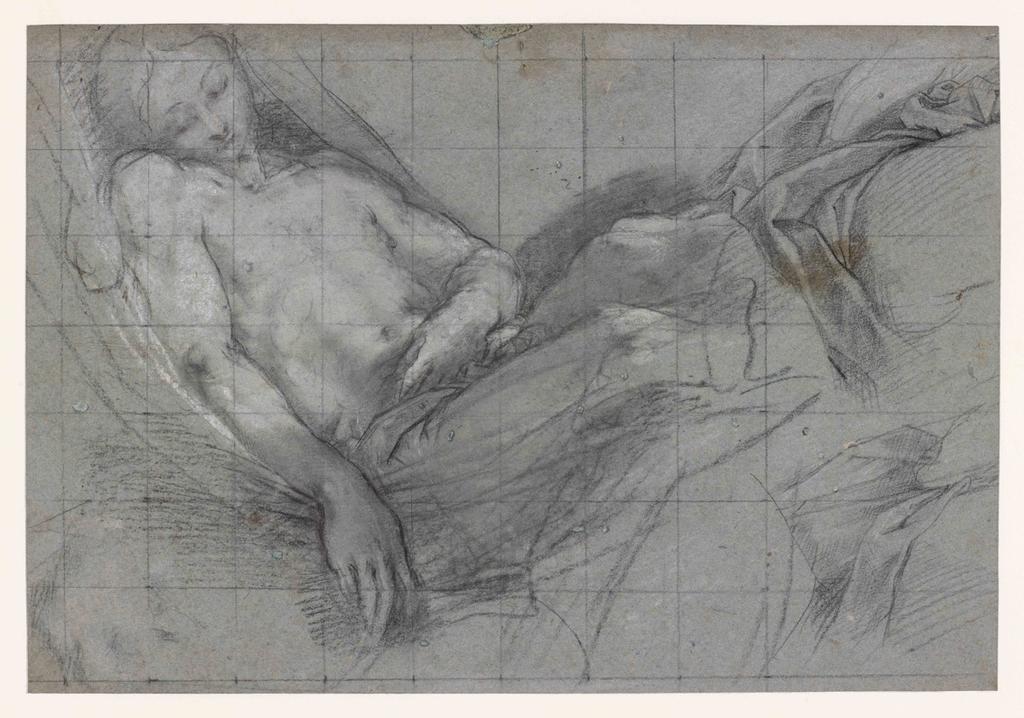 Federico Barocci, dit le Baroche (1535-1612), Étude pour la Mise au tombeau, vers 1579-1582, pierre noire, craie blanche, mise au carreau pour transfert, sur papier bleu, 259 x 374 mm, Museum Boijmans Van Beuningen, Rotterdam. Prêt de la Stichting Museum Boijmans Van Beuningen (ancienne collection Koenigs), inv. I 428.