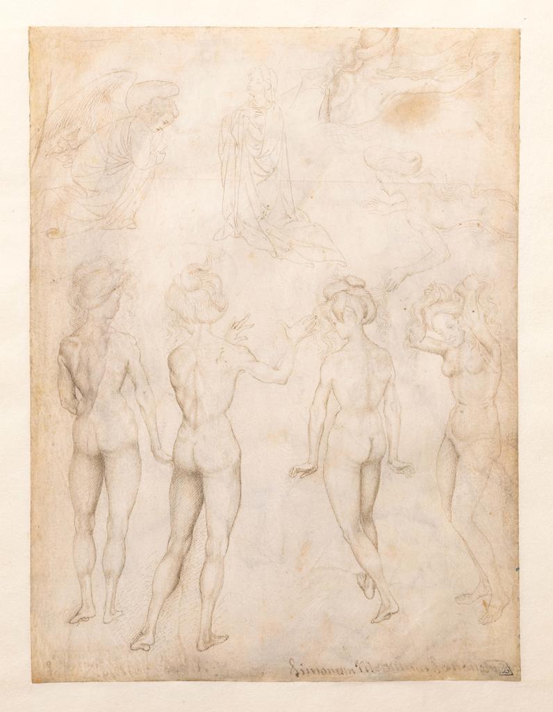 Pisanello (vers 1395-1455), Quatre études d’une femme nue, une Annonciation et deux études de femmes nageant, vers 1431-1432, plume et encre brune sur parchemin, 223 x 167 mm, Museum Boijmans Van Beuningen, Rotterdam