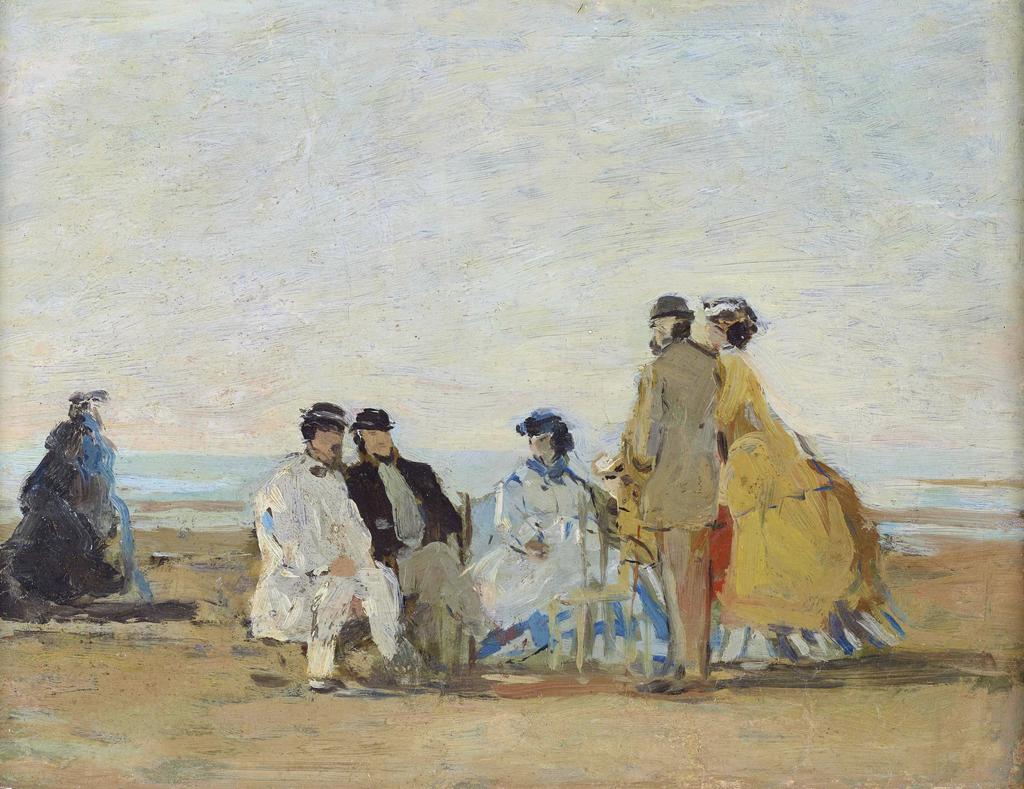 Eugène Boudin (1824-1898), Personnages sur la plage de Trouville, vers 1865. Huile sur carton parqueté de chêne, 22,5 x 29,1 cm. Honfleur, musée Eugène-Boudin. Legs Eugène Boudin, 1899.