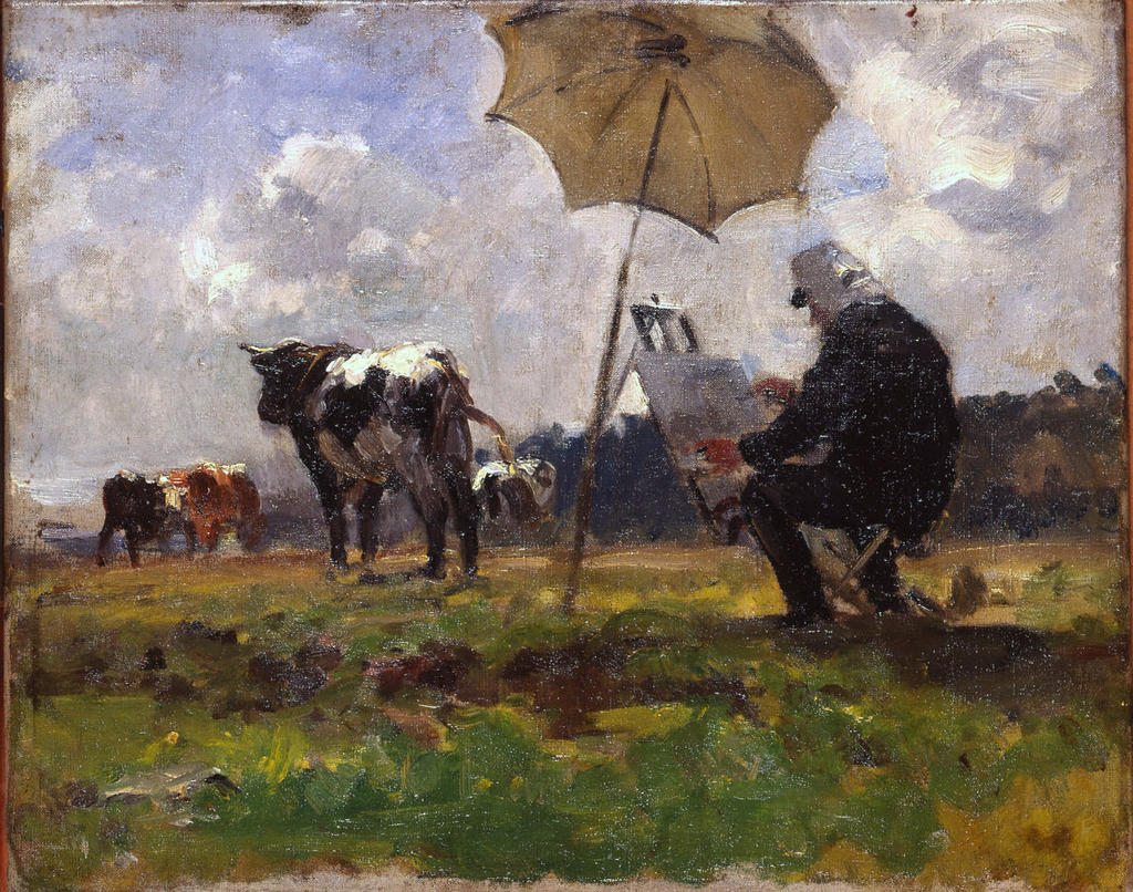 Henri Michel-Levy (1844-1914), Le peintre Boudin peignant des animaux, 1880. Huile sur toile. Honfleur, musée Eugène-Boudin. Legs Eugène Boudin, 1899.