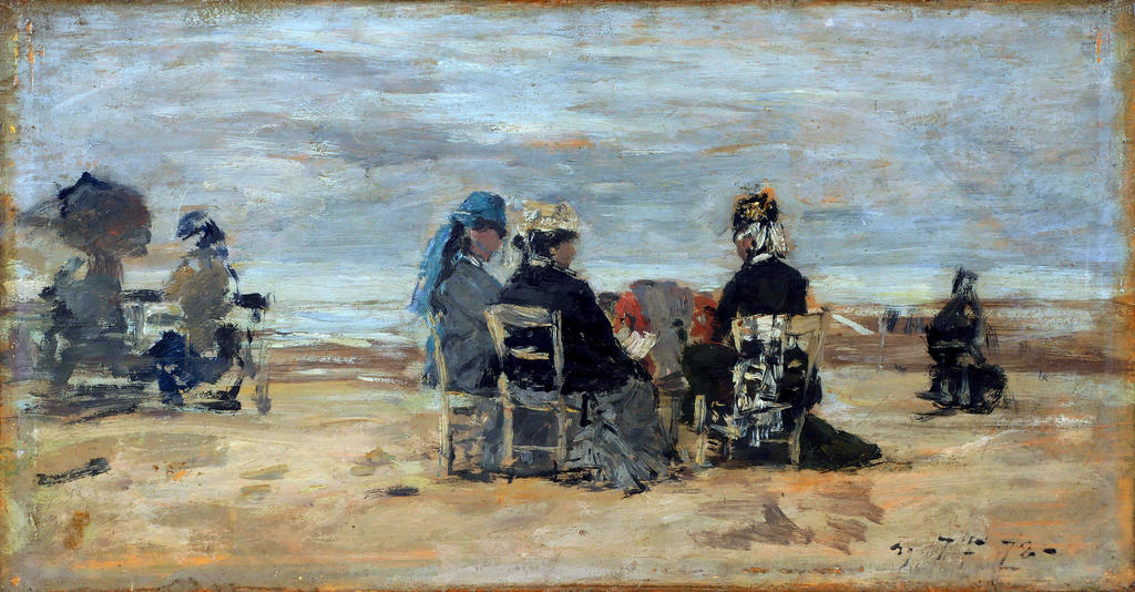 Eugène Boudin (1824-1898), Scène de plage à Trouville, 1880. Huile sur panneau d’acajou. Honfleur, musée Eugène-Boudin. Legs Eugène Boudin, 1899.