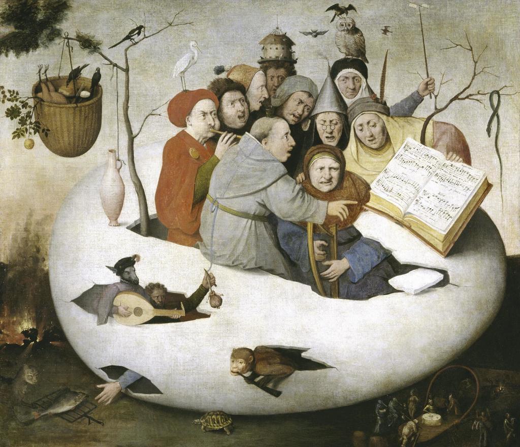 Suiveur de Jérôme Bosch, Concert dans un œuf, seconde moitié du XVIe siècle. Huile sur toile, 108,5 x 126,5 cm. Lille, Palais des beaux-arts. 