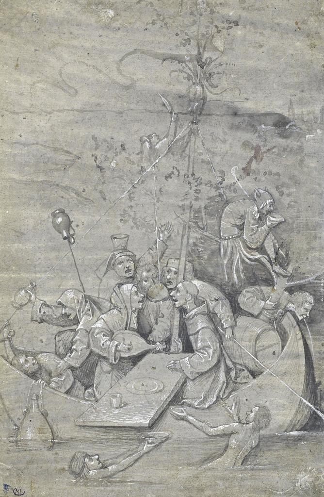 Jérôme Bosch, La Nef des fous. Plume et pinceau, encre grise et noire, rehauts blancs sur papier préparé en gris-brun, 25,6 x 16,8 cm. Paris, musée du Louvre.