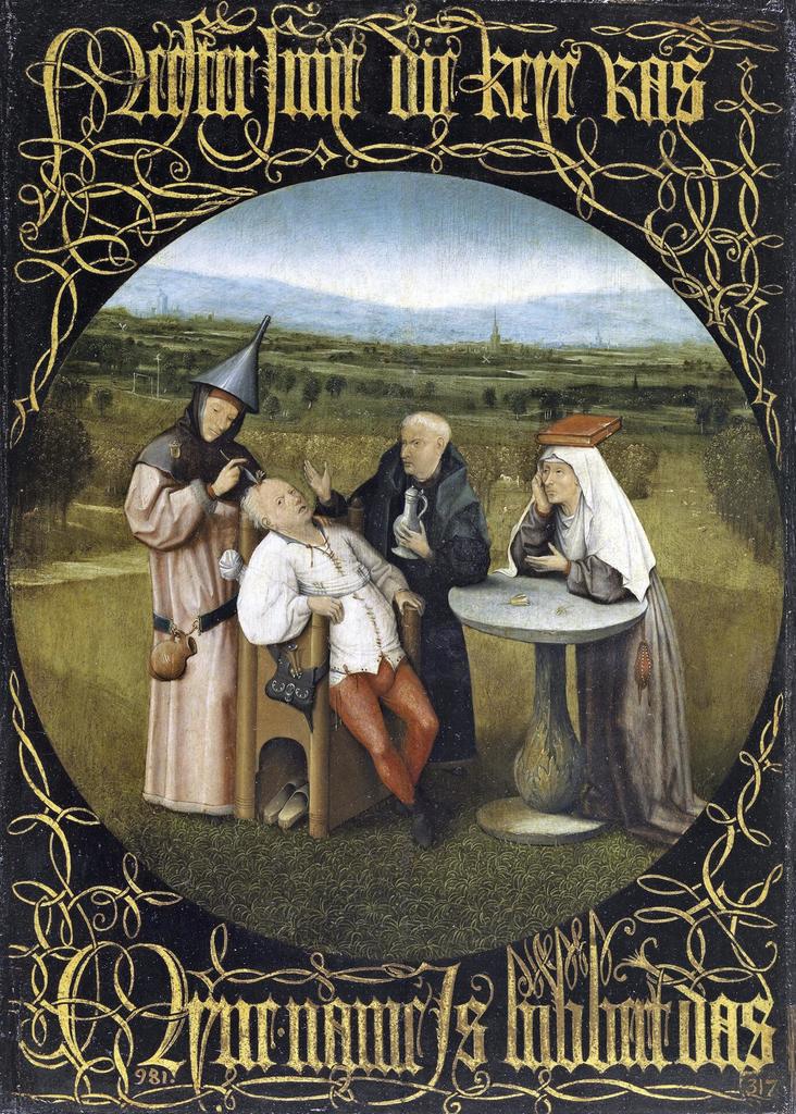 Jérôme Bosch (?), Excision de la pierre de folie, vers 1488 ou plus tardivement. Huile sur bois, 48,5 x 34,5 cm. Madrid, Museo Nacional del Prado. 