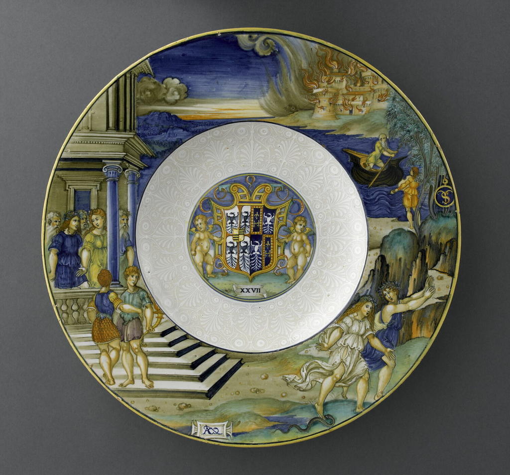 Nicola di Gabriele Sbraghe, dit Nicola da Urbino (vers 1480-1537/1538), plat rond avec l’Histoire d’Orphée et Eurydice. Majolique, diam. 39 cm. Paris, département des Objets d’art du musée du Louvre.