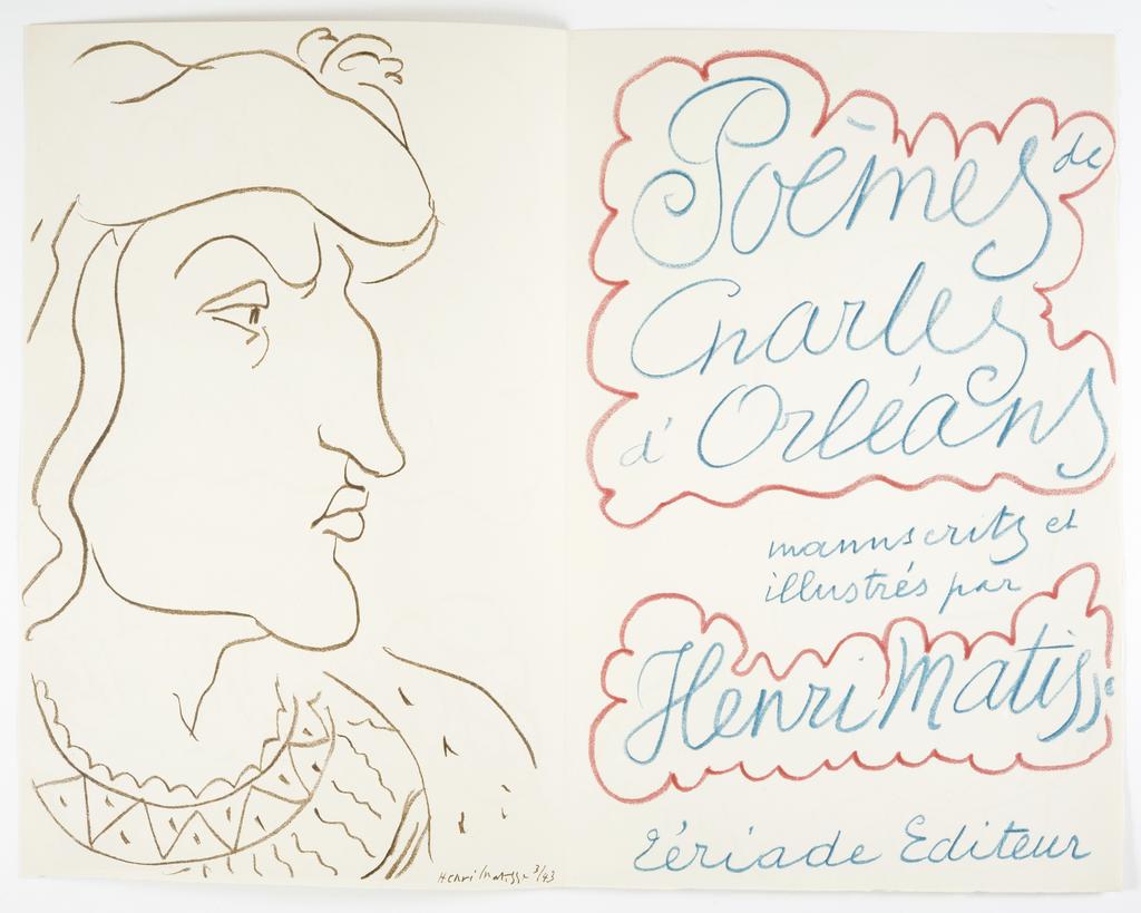 Henri Matisse (1869-1954), Poème de Charles d’Orléans, frontispice et page titre, 1950. Lithographie sur vélin d’Arches. Don Alice Teriade, 2000.Le Cateau-Cambresis, musée départemental Matisse. Photo service de presse. 