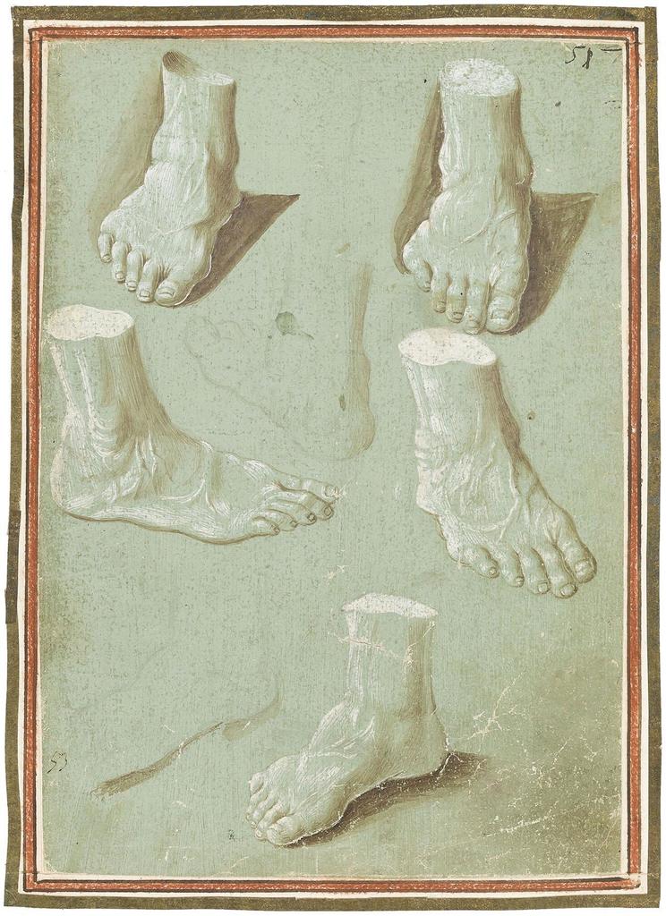 Atelier de Benozzo Gozzoli (vers 1420-1497), Études d’après des moulages en plâtre de pieds, page de l’album Gozzoli, vers 1450-1460. Plume et encre, lavis, rehauts de gouache blanche, sur papier préparé vert, 22,9 x 16 cm. Rotterdam, Museum Boijmans Van Beuningen. Prêt de la Stichting Museum Boijmans Van Beuningen (ancienne collection Koenigs).