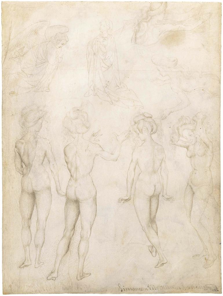 Pisanello (vers 1395-1455), Quatre études d’une femme nue, une Annonciation, et deux études de femmes nageant, vers 1431-1432. Plume et encre sur parchemin, 22,3 x 16,7 cm. Rotterdam, Museum Boijmans Van Beuningen. Prêt de la Stichting Museum Boijmans Van Beuningen (ancienne collection Koenigs).