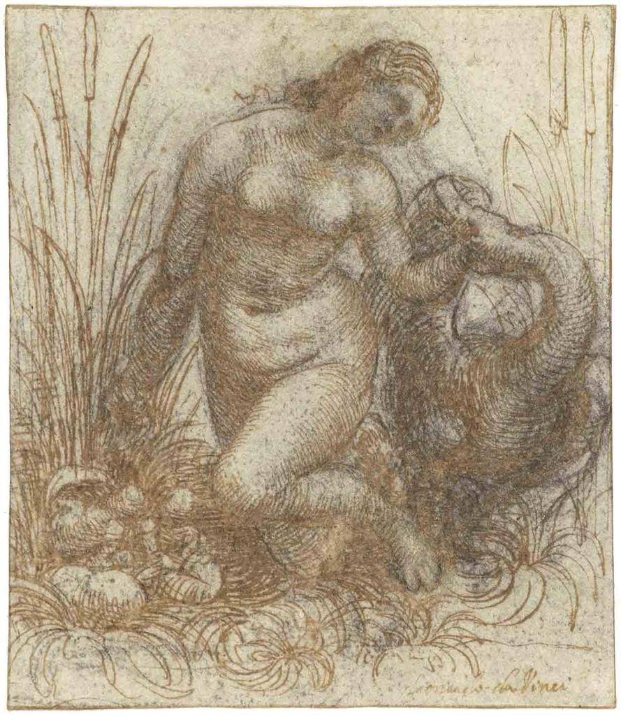 Leonardo da Vinci, dit Léonard de Vinci (1452-1519), Léda et le cygne, vers 1505-1507. Pierre noire, plume et encre, 12,8 x 10,9 cm. Rotterdam, Museum Boijmans Van Beuningen. Prêt de la Stichting Museum Boijmans Van Beuningen (ancienne collection Koenigs).