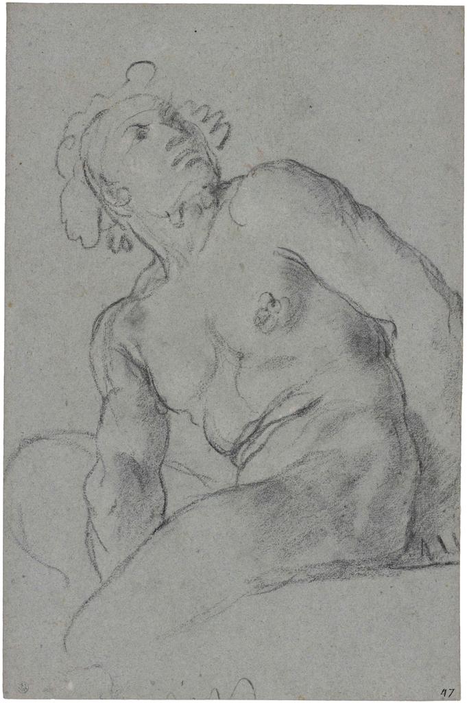 Annibale Carracci, dit Carrache (1560-1609), Étude d’un homme nu assis, vers 1595-1600. Pierre noire, rehauts de blanc, sur papier bleu, 33,6 x 22,1 cm. Rotterdam, Museum Boijmans Van Beuningen. Prêt de la Stichting Museum Boijmans Van Beuningen (ancienne collection Koenigs).