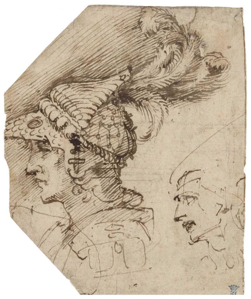 Michelangelo Buonarroti, dit Michelangelo (1475-1564), Buste d’homme portant un casque à plumes et étude d’une tête, vers 1504-1506. Plume et encre, 14 x 11,5 cm. Rotterdam, Museum Boijmans Van Beuningen. Prêt de la Stichting Museum Boijmans Van Beuningen (ancienne collection Koenigs).