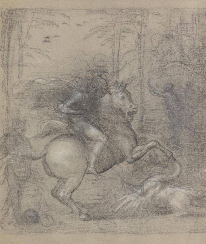 Fra Bartolomeo (1472-1517), Étude de composition pour saint Georges tuant le dragon, vers 1509. Pierre noire, rehauts de blanc sur papier préparé chamois, 31,8 x 22,1 cm. Rotterdam, Museum Boijmans Van Beuningen. Prêt de la Stichting Museum Boijmans Van Beuningen (ancienne collection Koenigs).