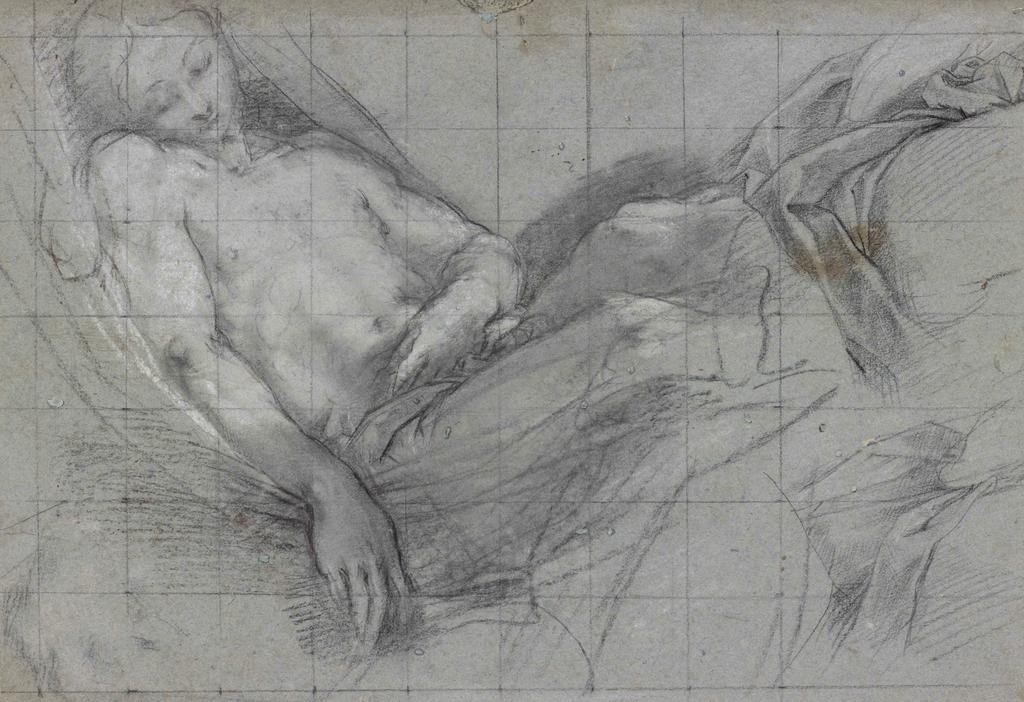 Federico Barocci, dit Le Baroche (1535-1612), Étude pour la Mise au tombeau, vers 1579-1582. Pierre noire, craie blanche, mise au carreau pour transfert, sur papier bleu, 25,9 x 37,4 cm.Rotterdam, Museum Boijmans Van Beuningen. Prêt de laStichting Museum Boijmans Van Beuningen (ancienne collectionKoenigs).