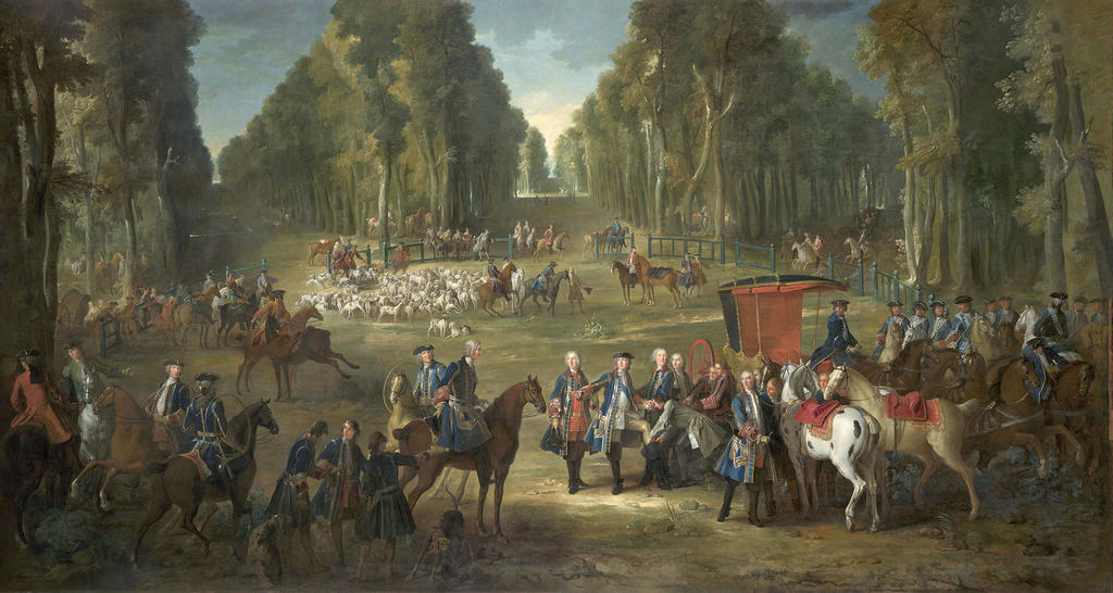 Jean-Baptiste Oudry, Le Rendez-vous au carrefour du Puits-du-Roi, 1735. Huile sur toile, 357 x 650 cm. Fontainebleau, musée national du château. 