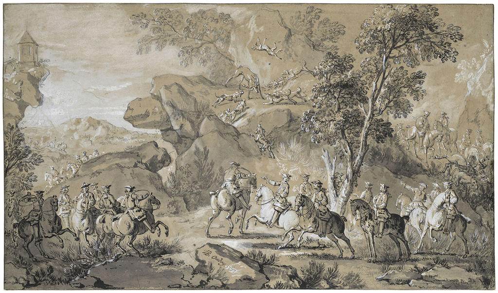 Jean-Baptiste Oudry, Le Cerf qui tient aux chiens dans les rochers de Franchard, 1733. Plume et encre brune, lavis de gris, rehauts de gouache sur papier bleu, 32,5 x 55,5 cm. Fontainebleau, musée national du château.