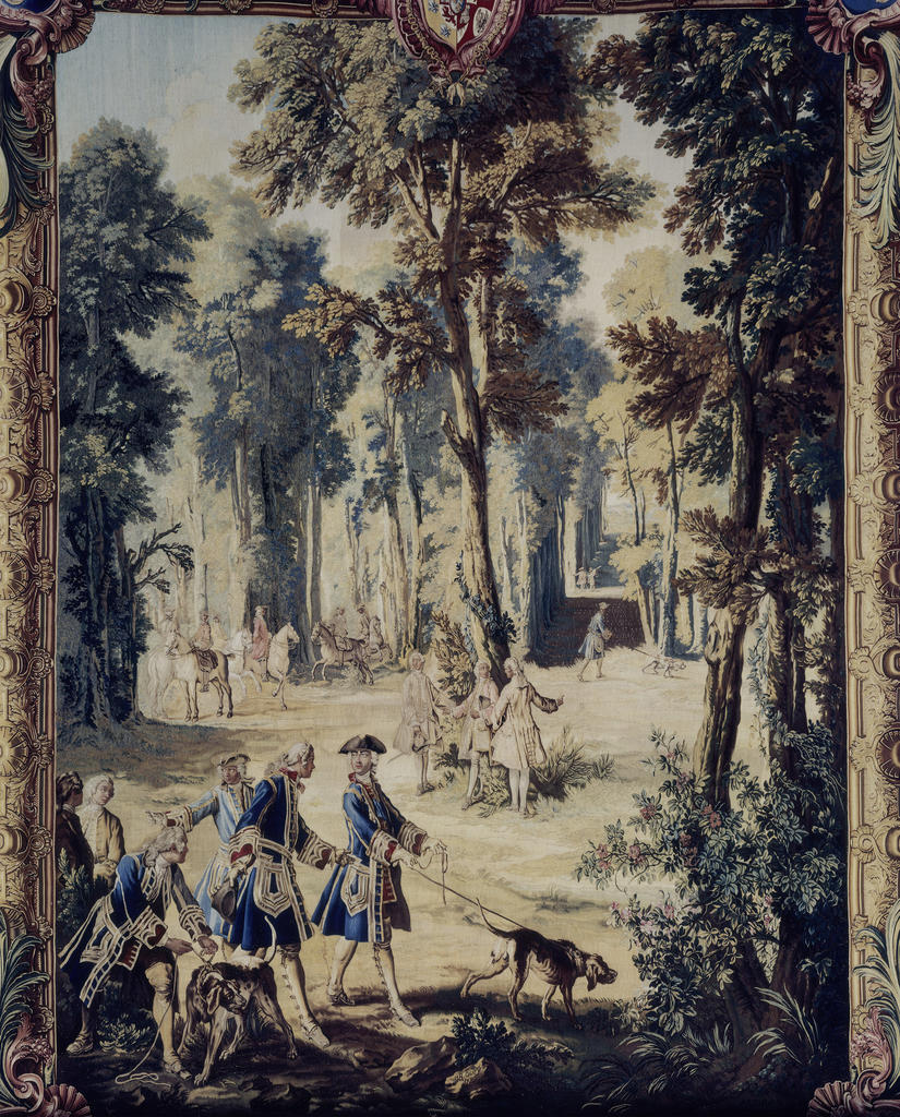 Manufacture royale de tapisserie des Gobelins, atelier de Michel Audran, d’après Jean-Baptiste Oudry, Tenture des Chasses de Louis XV, « Louis XV menant le limier, allant aux bois, au carrefour du Puits Solitaire, forêt de Compiègne », 1740-1742. Laine et soie, tapisserie de haute lisse, 430 x 321 cm. Florence, galerie des Offices, palais Pitti. 