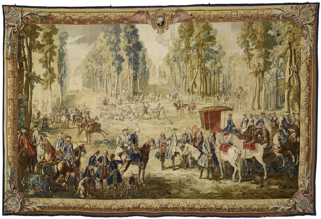 Manufacture royale de tapisserie des Gobelins, atelier de ­Mathieu Monmerqué, d’après Jean-Baptiste Oudry, Tenture des Chasses de Louis XV, « Louis XV menant le limier, allant aux bois, au carrefour du Puits Solitaire, forêt de Compiègne », 1740-1742. Laine et soie, tapisserie de haute lisse, 432 x 331 cm. Compiègne, musée national du château. 