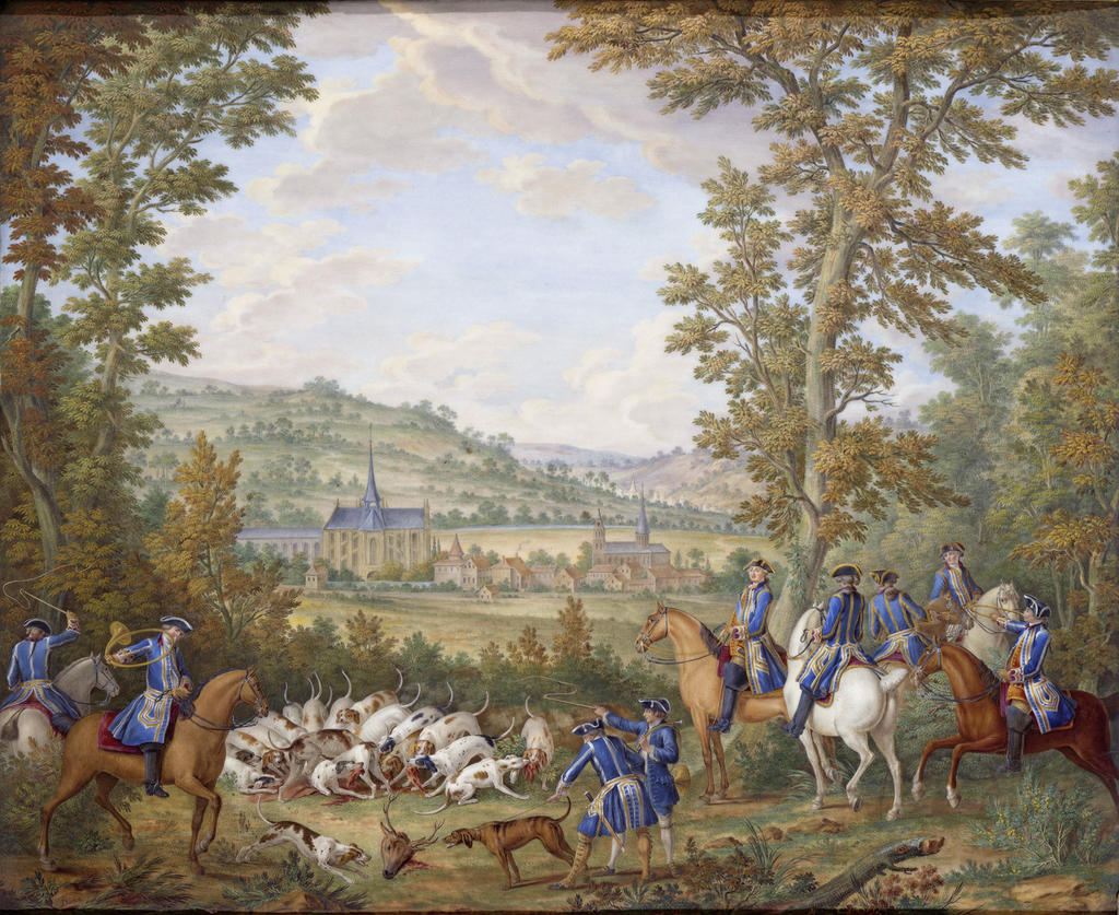 Manufacture royale de porcelaine de Sèvres, Charles-Nicolas Dodin, d’après Jean-Baptiste Oudry, La Curée du cerf en forêt de Saint-Germain-en-Laye, vers 1780-1781. Porcelaine tendre, 40,5 x 8,5 x 6,8 cm. Versailles, musée national des châteaux de Versailles et de Trianon.