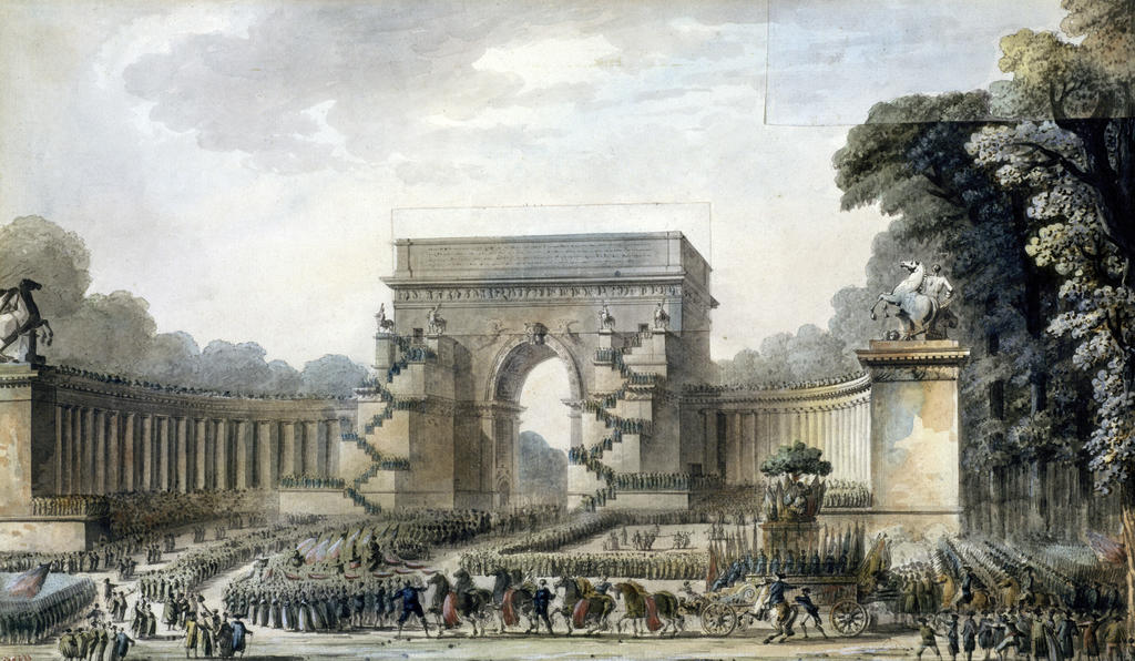 Jean-Baptiste Philibert Moitte, Projet d’arc de Triomphe pour le concours de l’An II, 1794. Dessin, 25,3 x 43,4 cm. Paris, musée Carnavalet – Histoire de Paris.