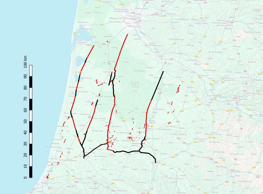 Tracés des voies romaines avérées en rouge et tracés des voies romaines supposées en noir.