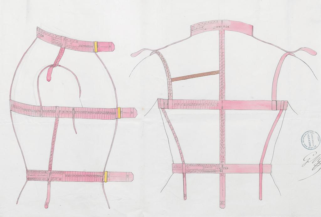 Instrument dit métromètre, propre à l’indication des mesures à prendre pour la confection des vêtements, brevet 9848-10, déposé par Jérôme Maguet et Antoine Payat, 1841. Courbevoie, archives de l’INPI. 