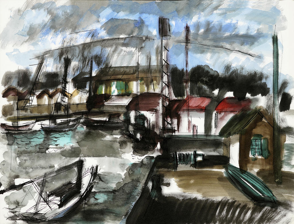 Jacques Cordier (1937-1975), Chantier naval en Normandie, vers 1960. Encre de Chine et aquarelle sur papier, 50 x 65 cm. Fonds de dotation Jacques Cordier.