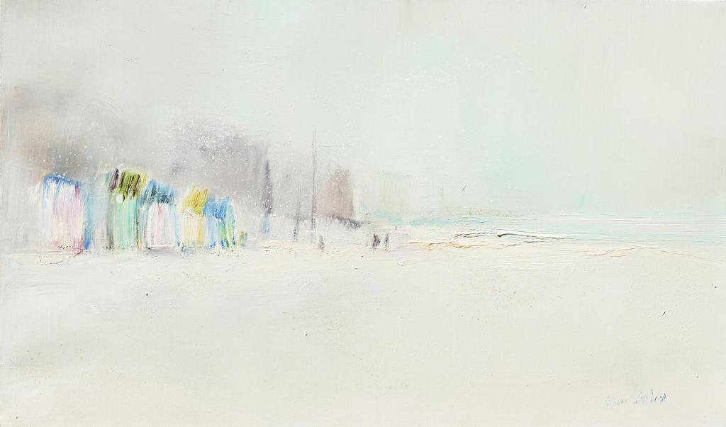 Jacques Cordier (1937-1975), Les Cabines, Ostende, 1973. Huile sur toile, 33 x 55 cm. Fonds de dotation Jacques Cordier.