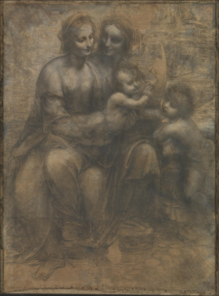 Léonard de Vinci (1452-1519), Sainte Anne, la Vierge, l’Enfant Jésus et saint Jean-Baptiste enfant ou Carton de Burlington House, vers 1506-1508. Charbon et craie blanche sur papier, monté sur châssis, 141,5 x 104,6 cm. Londres, The National Gallery. 